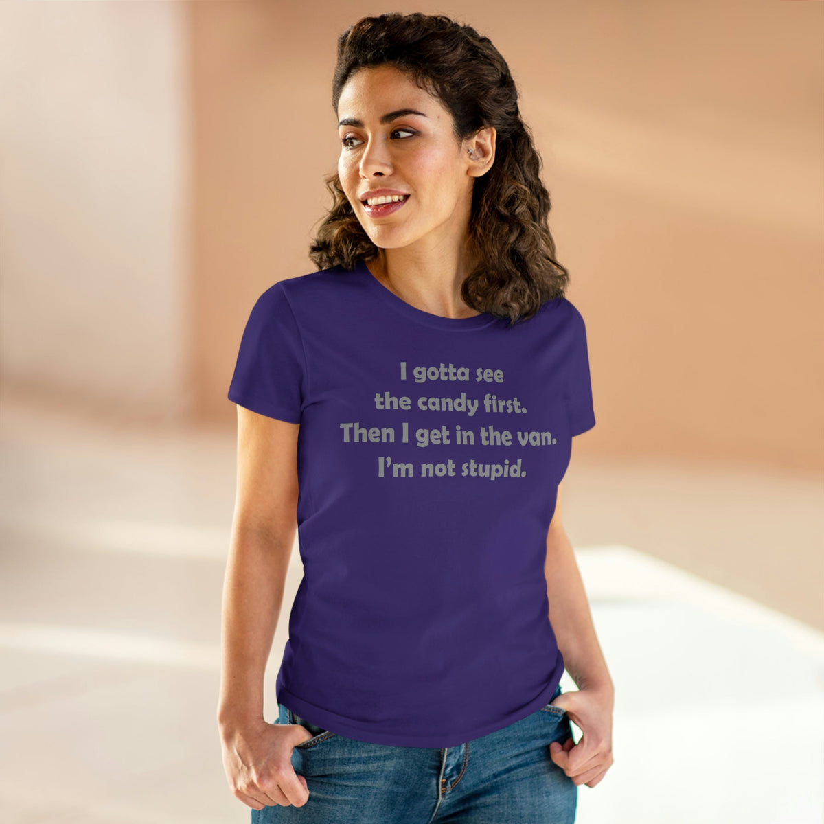 I gotta see the candy first, then I get in the van Women's Midweight Cotton Tee Purple