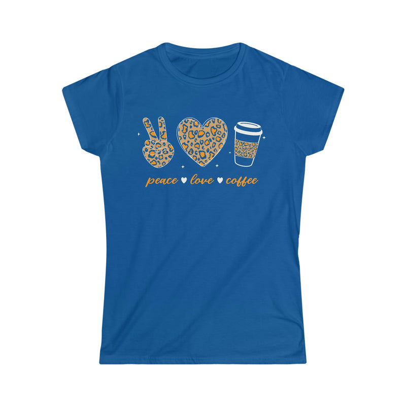 Peace - Love - Coffee Leopard Print Women's Soft Style Tee Royal