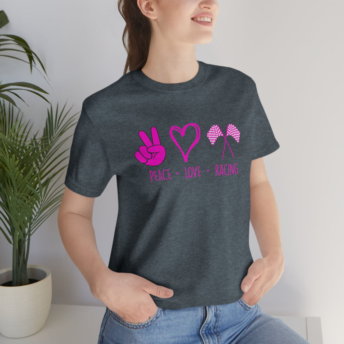 Peace, Love - Racing Women's Short Sleeve Tee Heather Slate