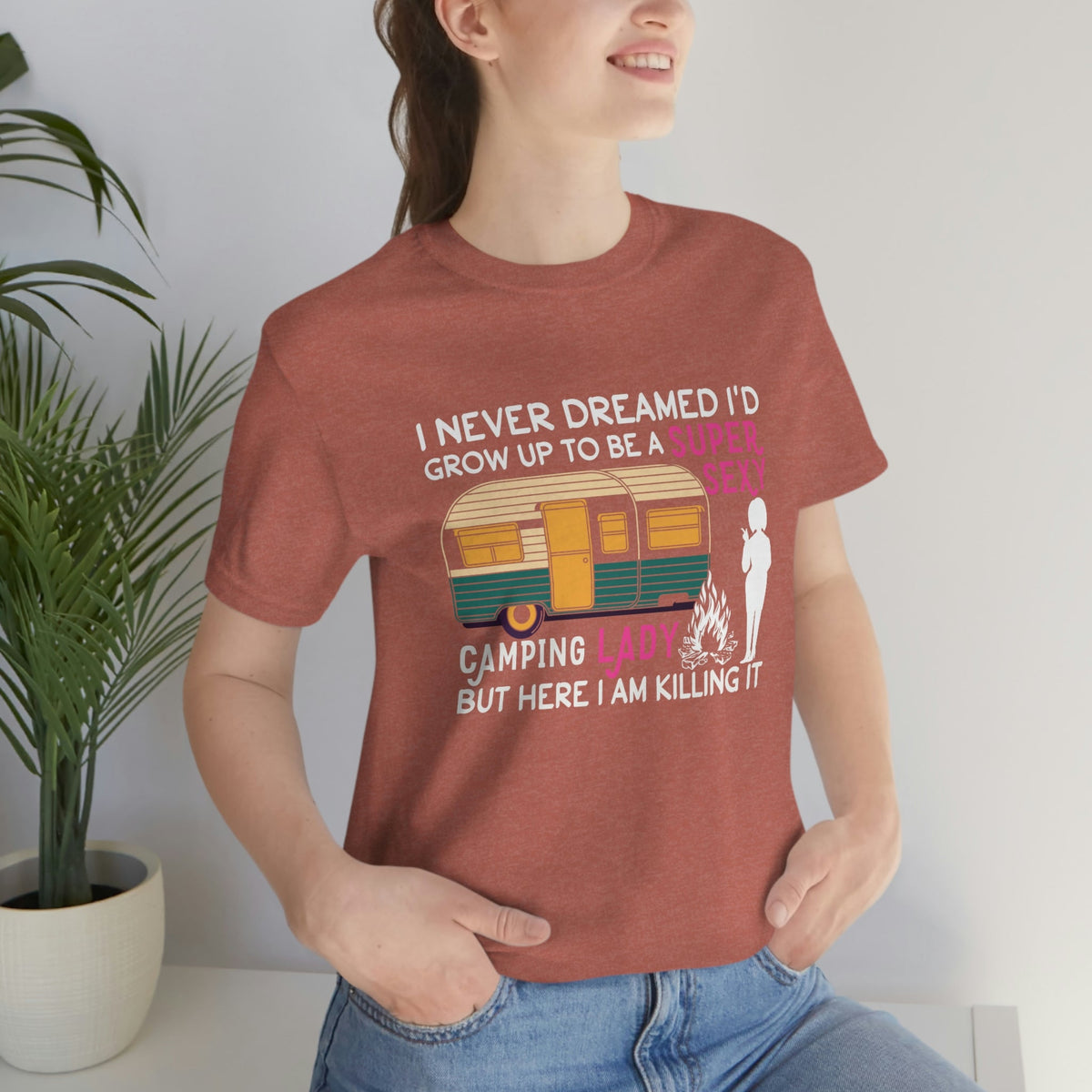 Sexy Camping Woman Women's Short Sleeve Tee Heather Clay