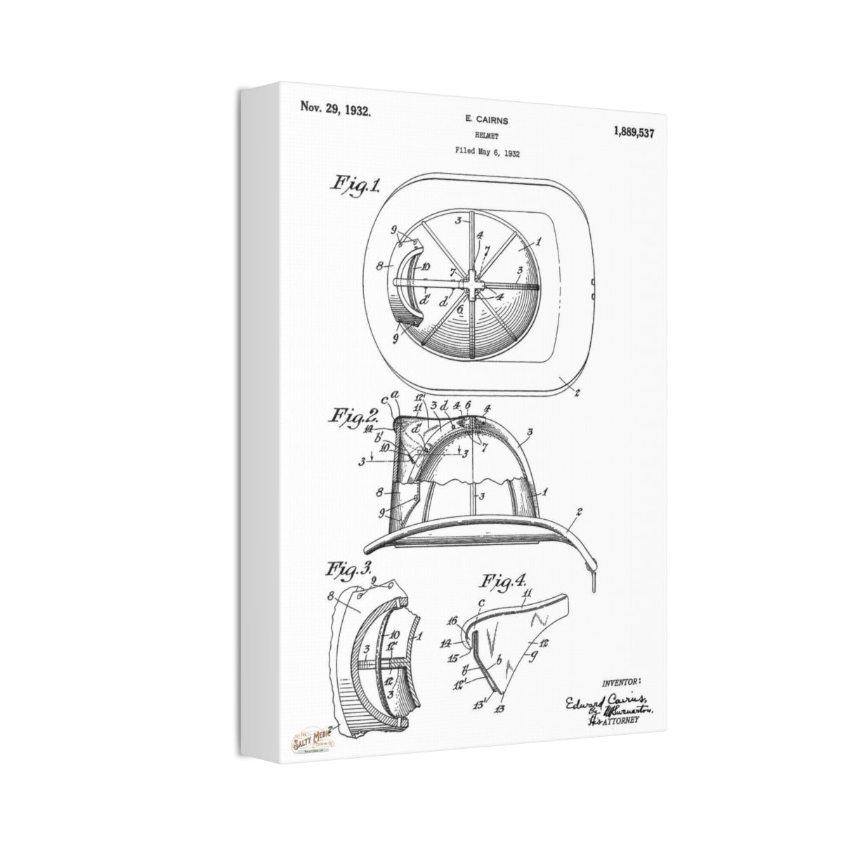 THE OG! 1932 Ed Cairns Fire Helmet Patent Wall Art Stretched Canvas, 1.5'' - Salty Medic Clothing Co.