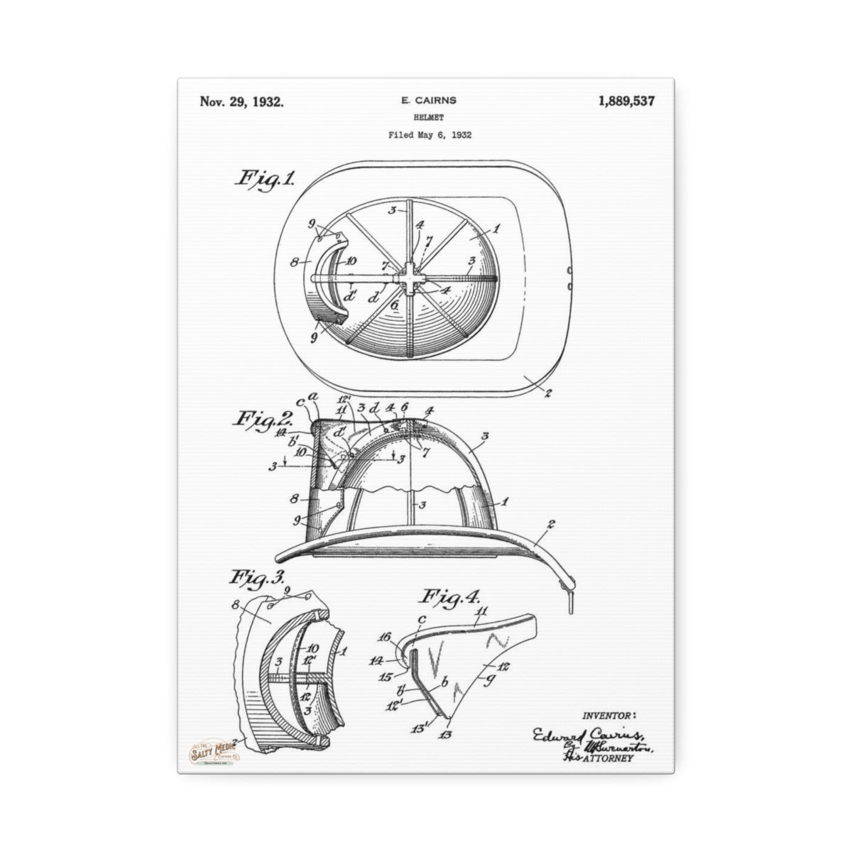 THE OG! 1932 Ed Cairns Fire Helmet Patent Wall Art Stretched Canvas, 1.5'' 10'' x 14'' (Vertical) 1.5''