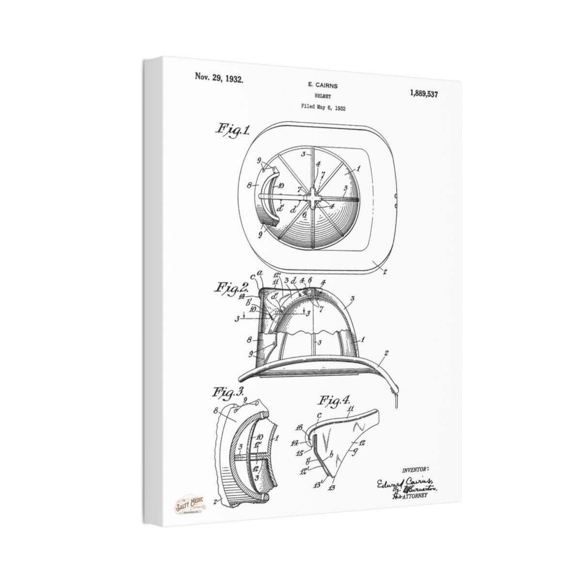 THE OG! 1932 Ed Cairns Fire Helmet Patent Wall Art Stretched Canvas, 1.5'' - Salty Medic Clothing Co.