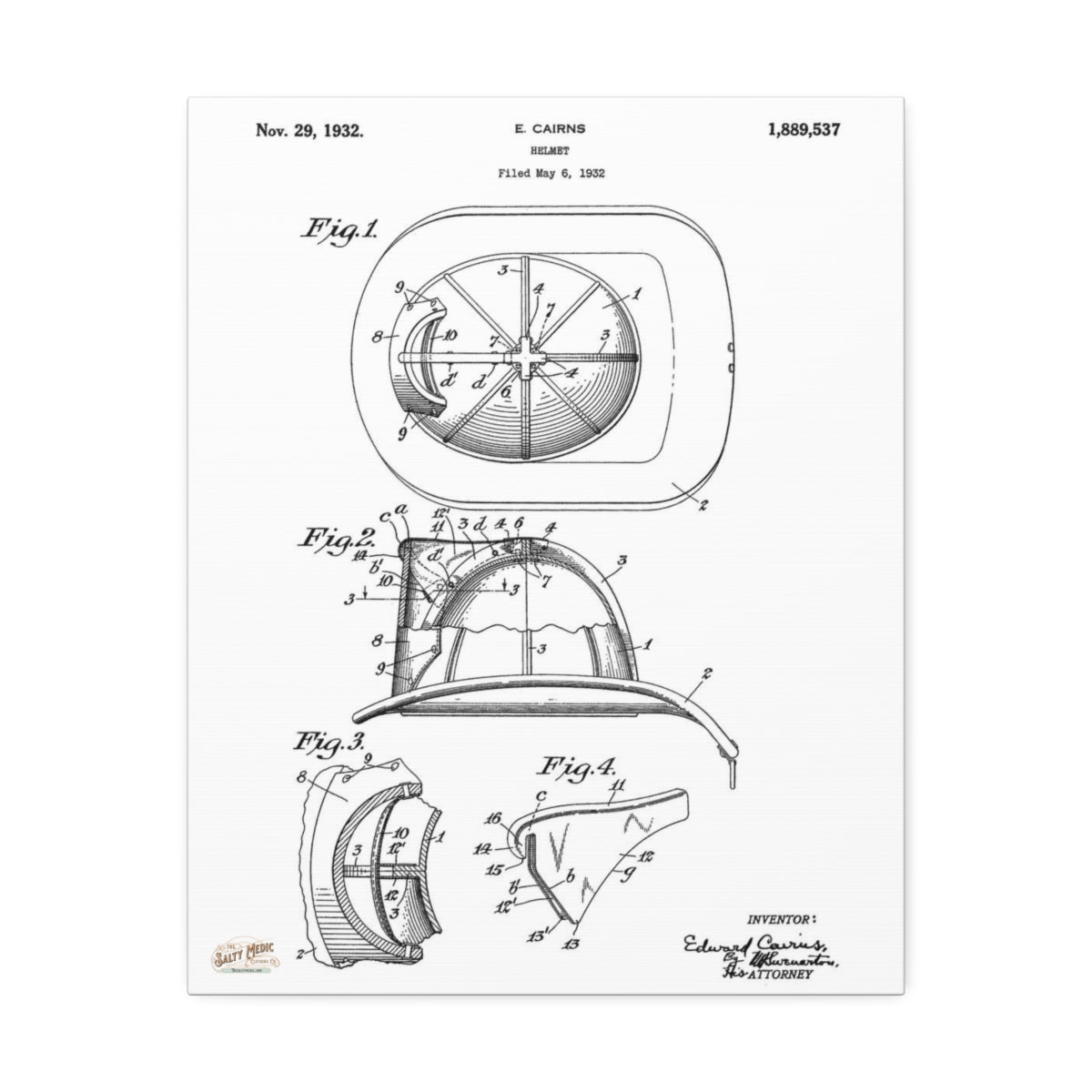 THE OG! 1932 Ed Cairns Fire Helmet Patent Wall Art Stretched Canvas, 1.5'' - Salty Medic Clothing Co.