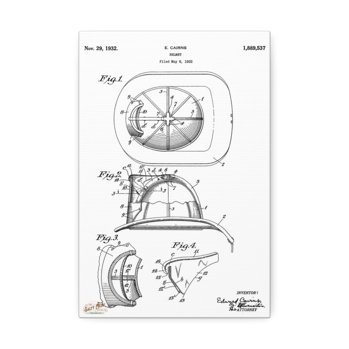 THE OG! 1932 Ed Cairns Fire Helmet Patent Wall Art Stretched Canvas, 1.5'' 8" x 12" (Vertical) 1.5''