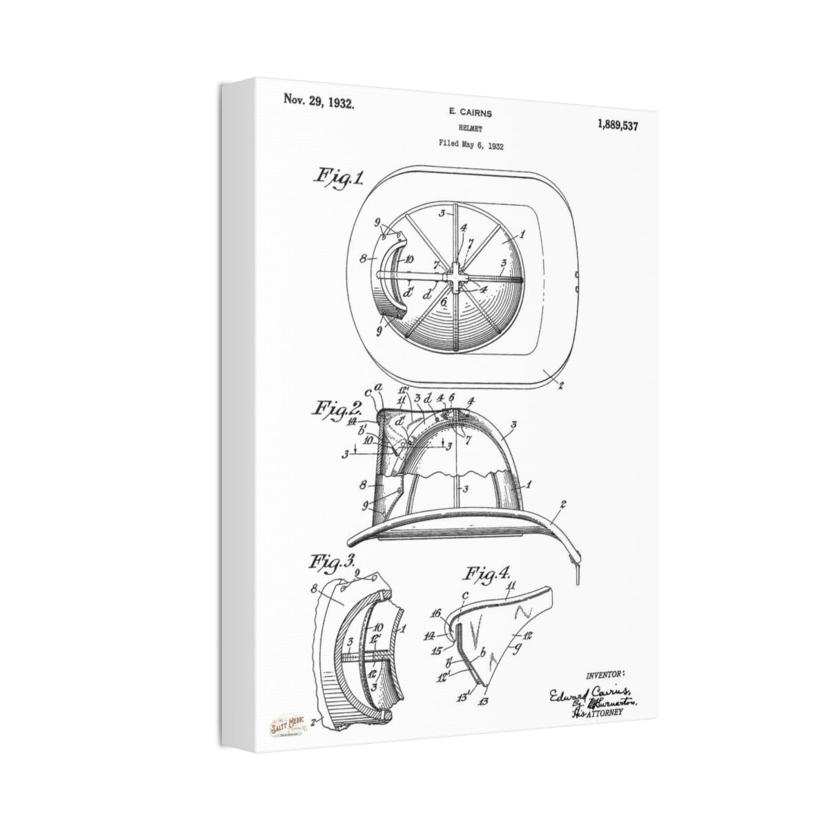 THE OG! 1932 Ed Cairns Fire Helmet Patent Wall Art Stretched Canvas, 1.5'' - Salty Medic Clothing Co.