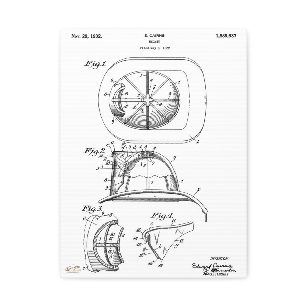 THE OG! 1932 Ed Cairns Fire Helmet Patent Wall Art Stretched Canvas, 1.5'' 12″ x 16″ (Vertical) 1.5''