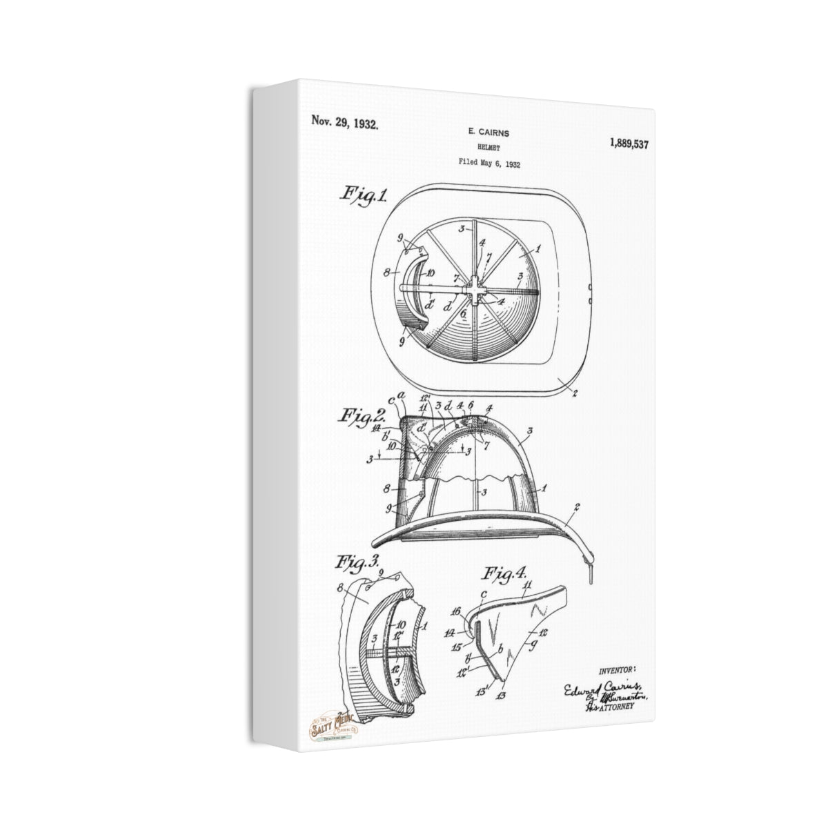 THE OG! 1932 Ed Cairns Fire Helmet Patent Wall Art Stretched Canvas, 1.5'' - Salty Medic Clothing Co.
