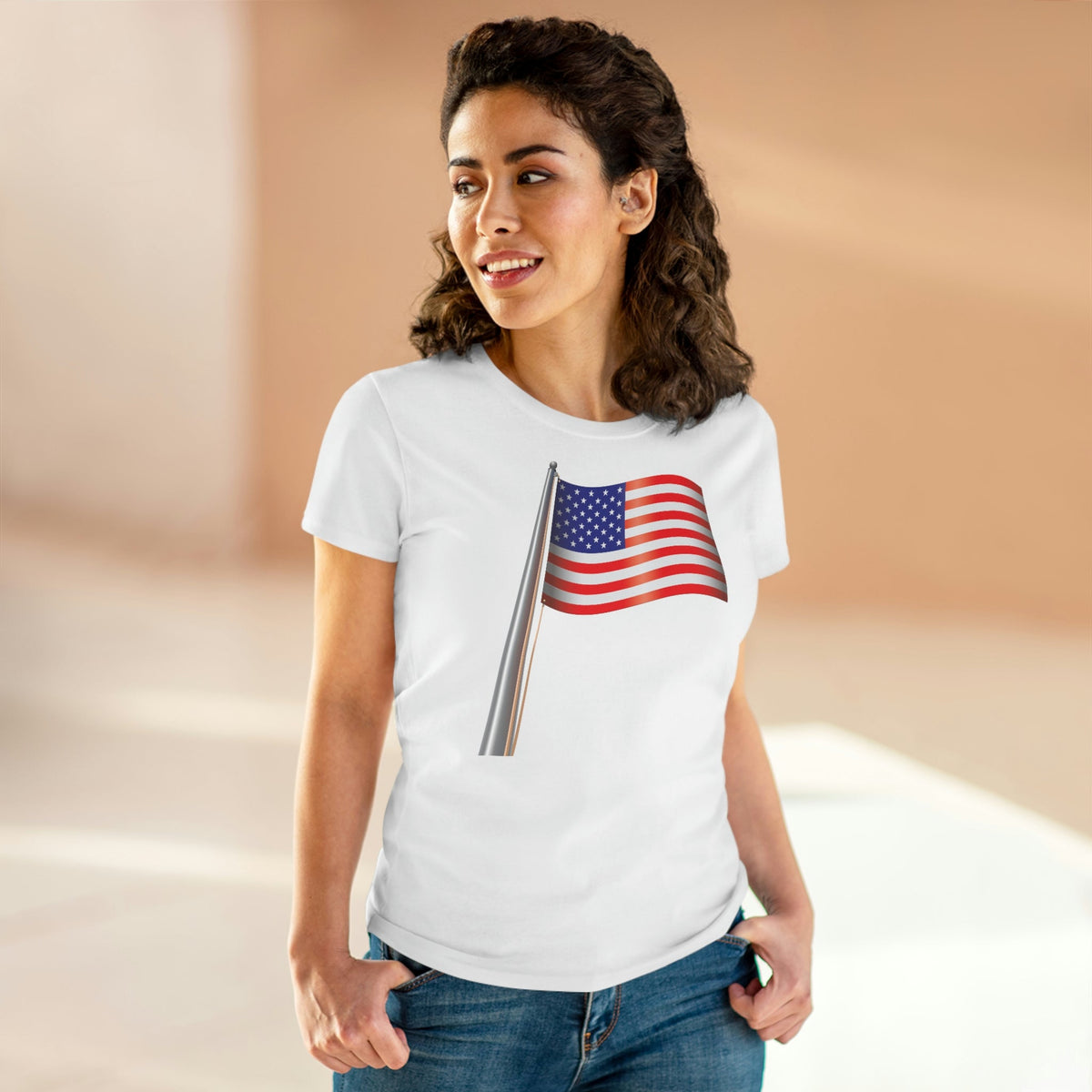 United States Flag Women's Midweight Cotton Tee White