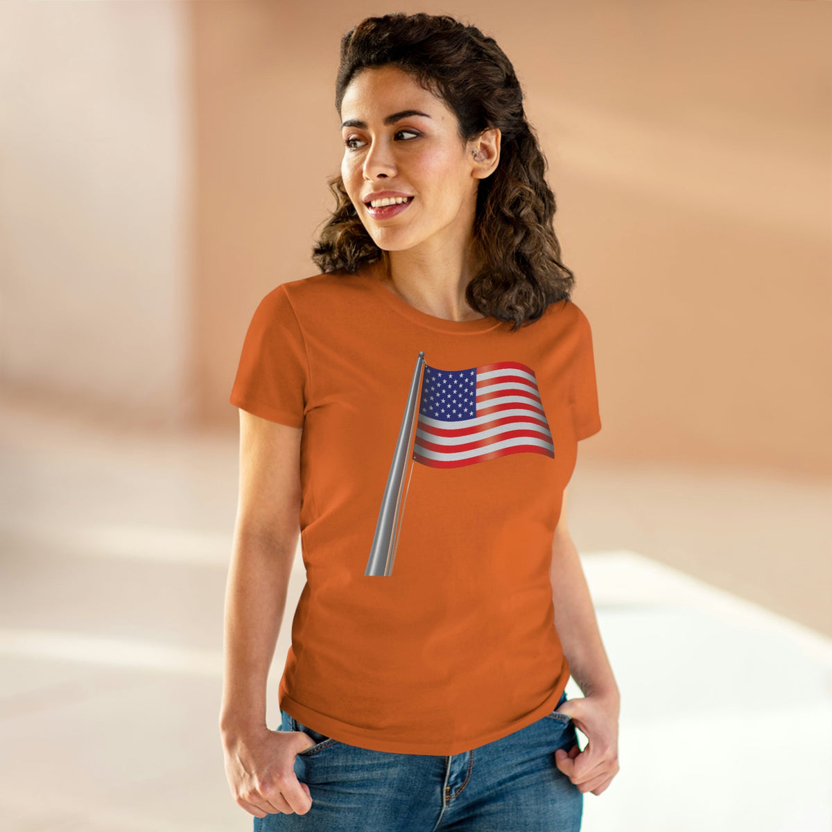 United States Flag Women's Midweight Cotton Tee Orange