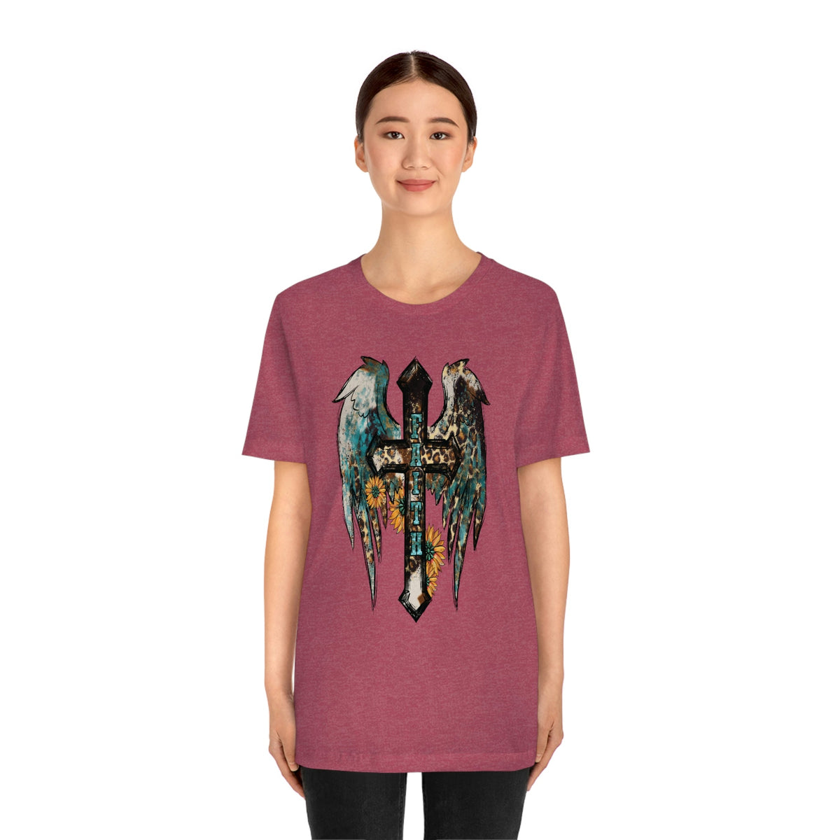 Western Faith Cross Women's Short Sleeve Tee Heather Raspberry