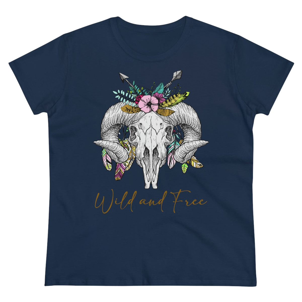 Wild and Free Skull Women's Midweight Cotton Tee Navy