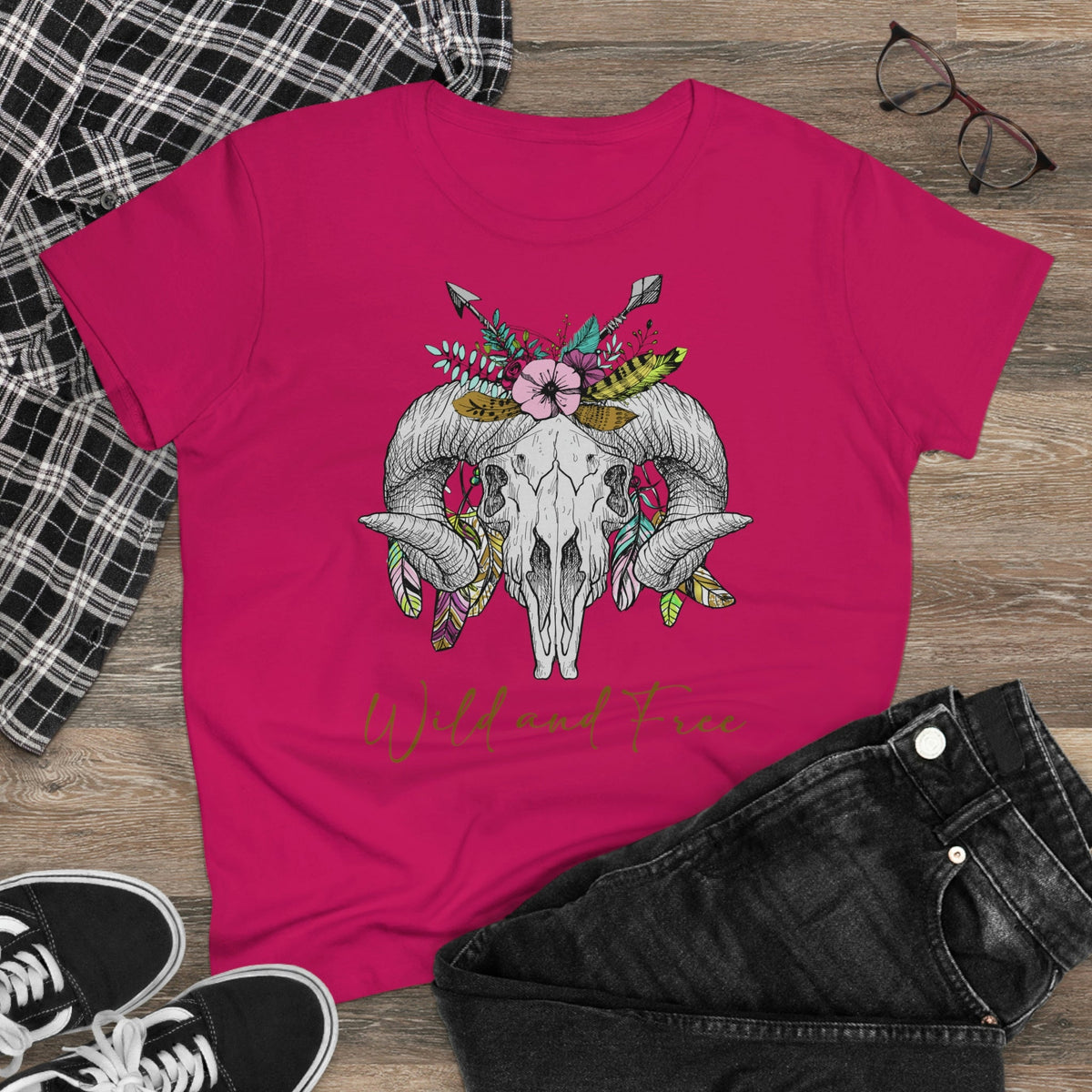Wild and Free Skull Women's Midweight Cotton Tee - Salty Medic Clothing Co.