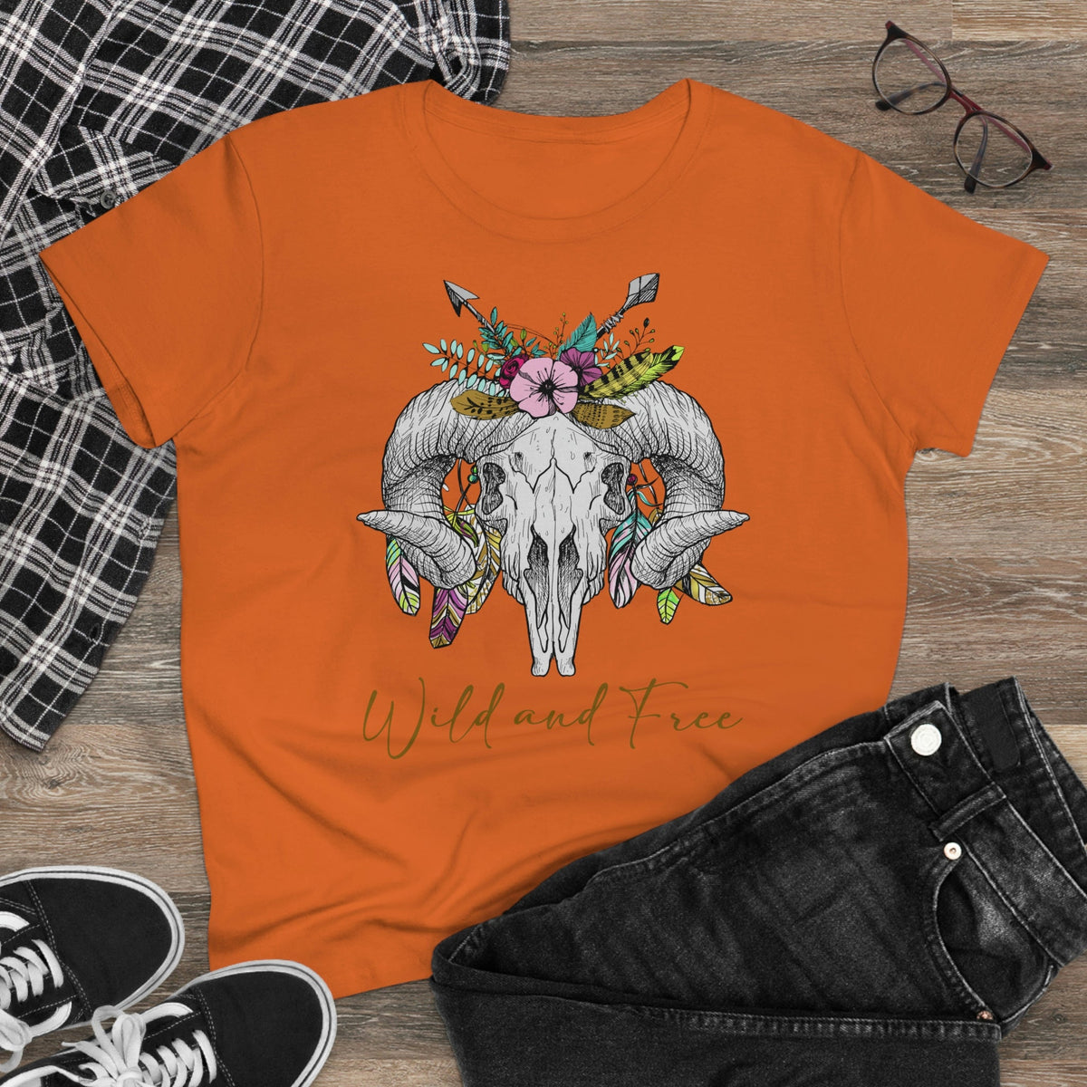 Wild and Free Skull Women's Midweight Cotton Tee - Salty Medic Clothing Co.