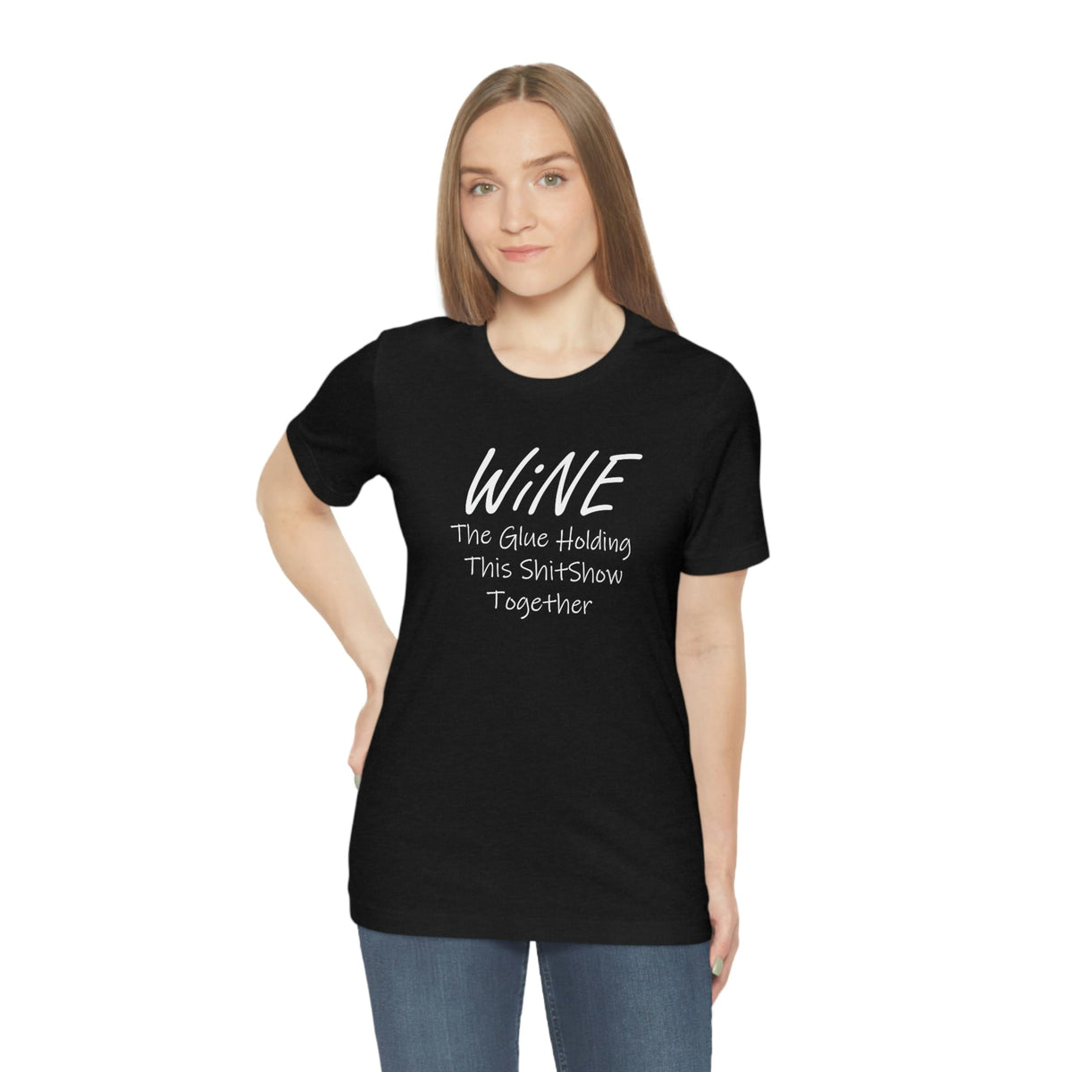 Wine, The Glue Holding This Shit Show Together Women's Short Sleeve Tee Solid Black Blend